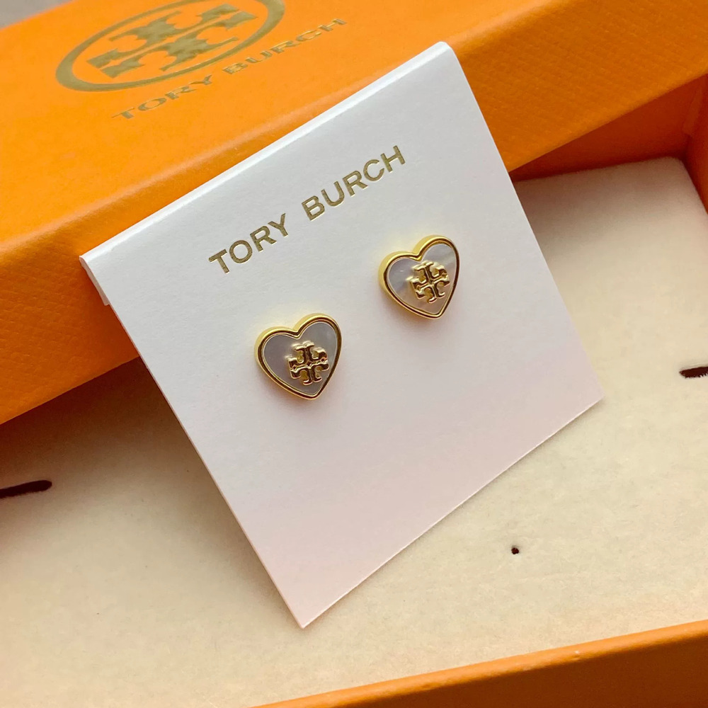 Tory Burch Pair Natural Shell Heart Earrings Enamel Inlay